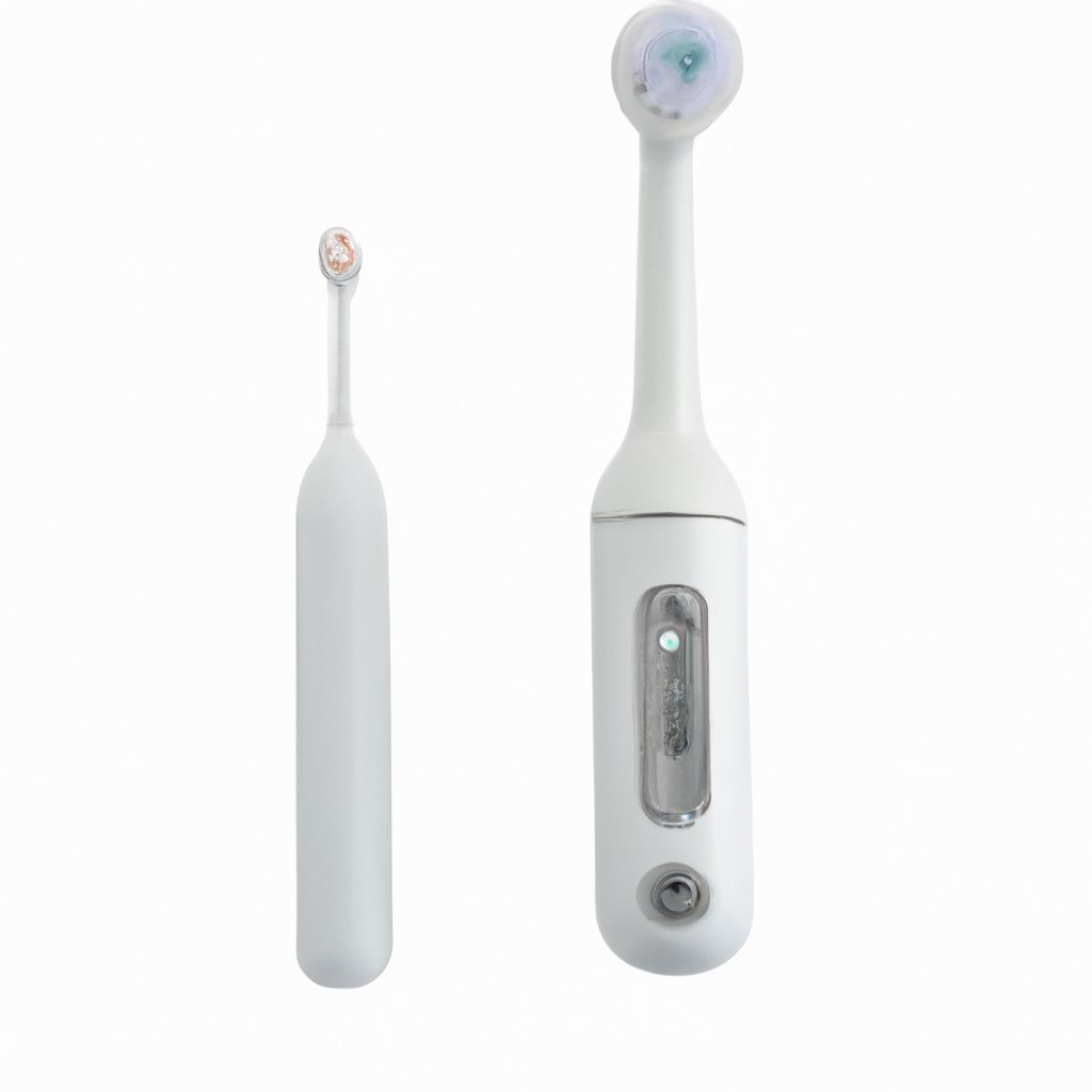 Electric toothbrush resting on a charger. White and sleek design. Ideal for a clean and healthy smile. Rechargeable for convenience.