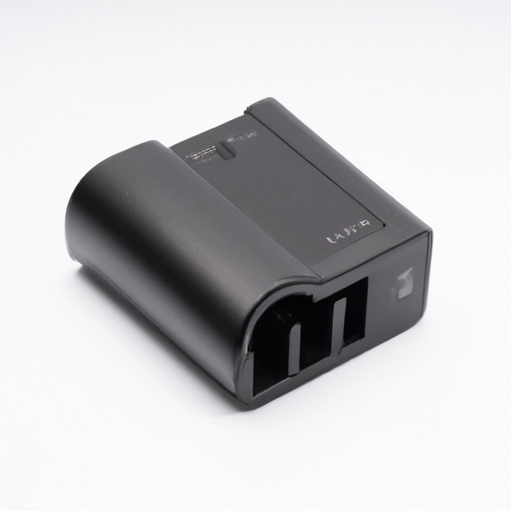 UltraCharge Pro Camera Battery Charger in black color with LED display and USB port, shot on on a white background.